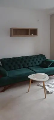 a green couch in a living room with a table at Apartmant Novaković in Vrnjačka Banja