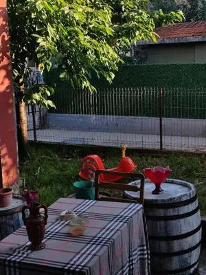a table with a table cloth on a table with a table at Apartmani Pegasus in Vranje