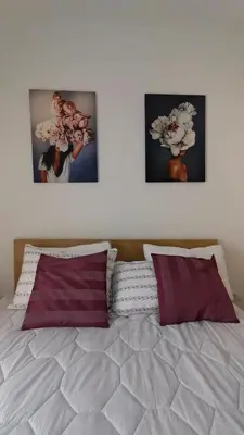 a bed with three pictures on the wall above it at Apartman Taris in Vrnjačka Banja