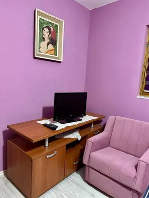 a desk with a computer and a pink chair at Apartmani Miodragović - nedaleko od Snežnika, 100 metara pre bazena in Vrnjačka Banja