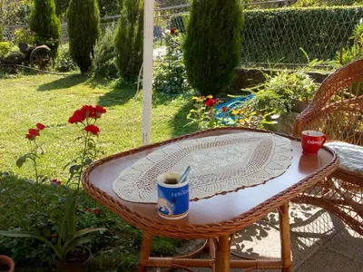 a wooden table with a cup on a table in a garden at Apartmani Miodragović - nedaleko od Snežnika, 100 metara pre bazena in Vrnjačka Banja