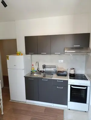 a kitchen with a sink and a white refrigerator at Eli's apartment in Niš
