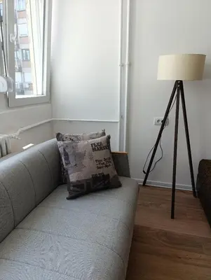 a couch with a pillow and a lamp in a room at Eli's apartment in Niš