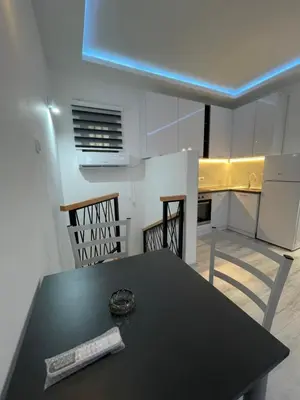 a kitchen with a black table with a book on it at Stan na dan Bor FREE PARKING in Bor