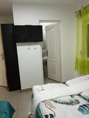 a room with two beds and a tv on the wall at Sobe Paunović in Soko Banja
