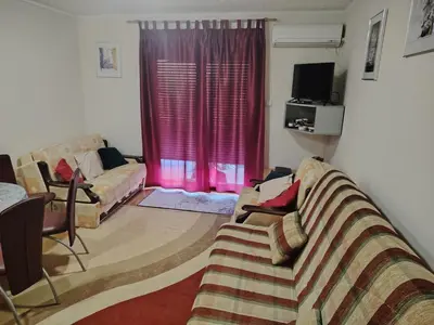a living room with a couch and pink curtains at Apartman Milosavljevic in Vrnjci