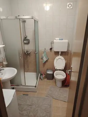 a bathroom with a shower and a toilet and a sink at Apartman Milosavljevic in Vrnjci
