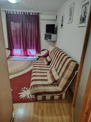a living room with a couch in front of a window at Apartman Milosavljevic in Vrnjci