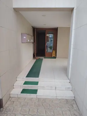 a hallway with stairs and a door with a green rug at Apartman Milosavljevic in Vrnjci