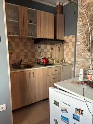 a kitchen with wooden cabinets and a sink at Apartmani Radovanovic in Soko Banja