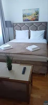 a bedroom with a bed with a remote control on a table at Apartman Iva Brzeće-Kopaonik in Brzeće