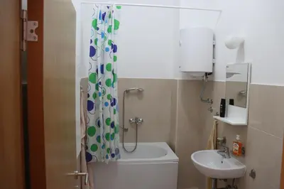 a bathroom with a shower and a toilet and a sink at Apartmani 