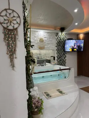 a bath tub in a bathroom with a tv at SpaNish apartman 5 in Niš