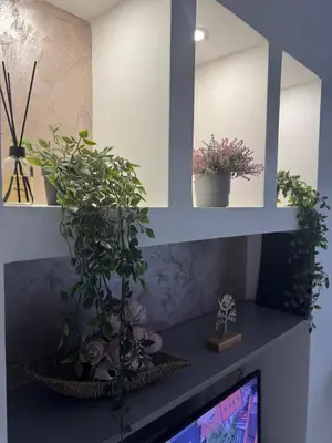 a room with potted plants on a shelf and a tv at SpaNish apartman 6 in Niš