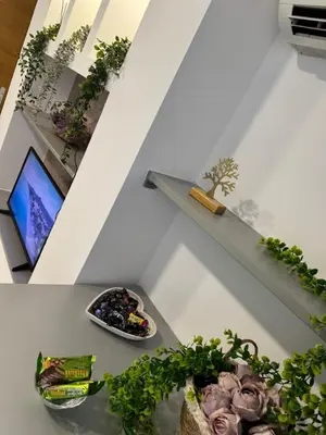a room with a table with plants and a tv at SpaNish apartman 6 in Niš