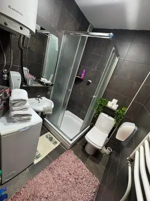 a bathroom with a shower and a toilet and a sink at SpaNish apartman 6 in Niš