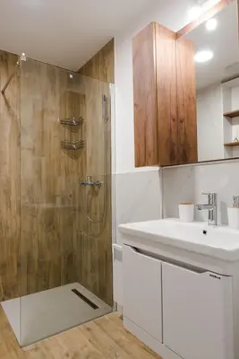 a bathroom with a shower and a sink and a toilet at Dina LUX apartman in Vrnjačka Banja