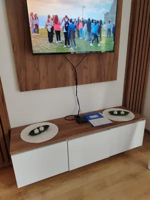 a flat screen tv hanging on a wall with two records at Dina LUX apartman in Vrnjačka Banja