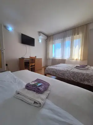 a hotel room with two beds and a desk at Hotel Konaciste Trstenik in Trstenik