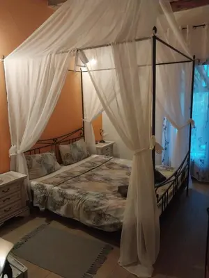 a bedroom with a canopy bed with white curtains at Dvorac Castelo DB 2022 in Vrnjačka Banja