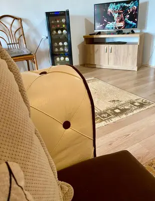 a living room with a couch and a tv at Philippos in Bujanovac