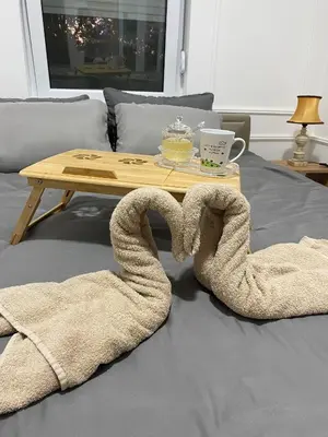 a coffee table with two heart shaped towels on a bed at LoKA apartman in Paraćin