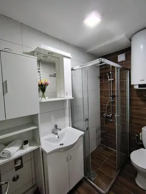 a bathroom with a sink and a shower at Eva Apartman in Prokuplje