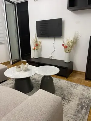 a living room with a table and a tv at Niš Deluxe in Niš