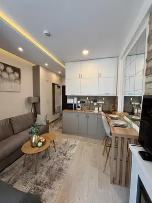 a kitchen and living room with a couch and a table at Milmari Resort & Spa Kopaonik NLux 72a in Kopaonik