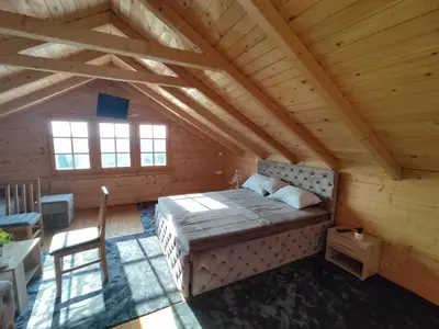 a bedroom with a bed in a wooden cabin at Kuća Pored Sunca in Kruševac