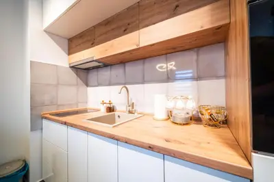 a kitchen with a sink and a counter at Todorović Lux Vrnjačka Banja in Vrnjačka Banja