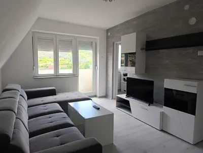 a living room with a couch and a flat screen tv at Doma Toma, Bela Palanka Town in Bela Palanka