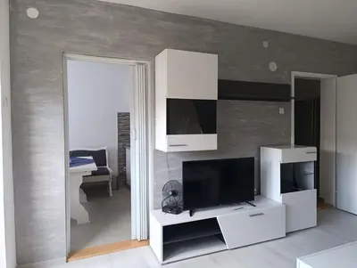 a living room with a flat screen tv on a wall at Doma Toma, Bela Palanka Town in Bela Palanka