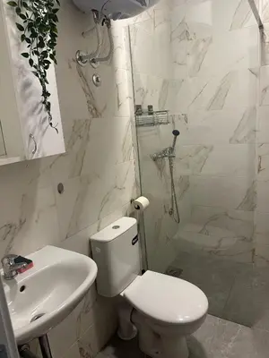 a white bathroom with a toilet and a sink at Apt 6- Sokobanjica apartmani in Soko Banja