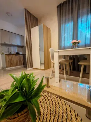 a living room with a table and a kitchen at Apt 6- Sokobanjica apartmani in Soko Banja