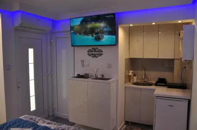a kitchen with a sink and a tv on the wall at Your Place Studio in Niš