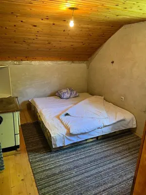 a bed in a room with a wooden ceiling at Apartmani Radulovic in Kursumlijska Banja