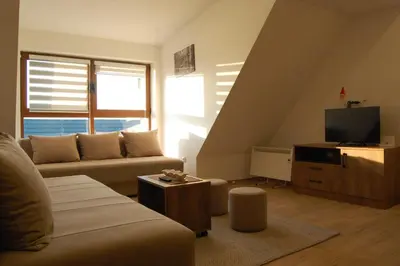 a living room with a couch and a tv at Snow Hill Kopaonik in Kopaonik