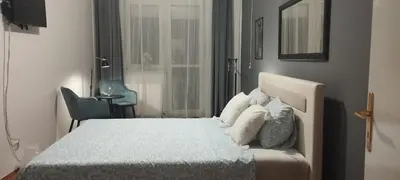 a bedroom with a bed with pillows and a window at Central apartman3 Novi Sad in Bukorovac