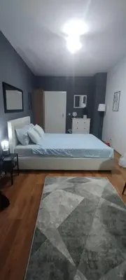 a bedroom with a large bed and a rug at Central apartman3 Novi Sad in Bukorovac