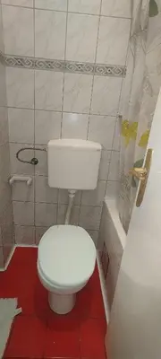 a bathroom with a white toilet and a red floor at Central apartman3 Novi Sad in Bukorovac