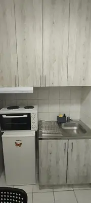 a small kitchen with a sink and a stove at Central apartman3 Novi Sad in Bukorovac
