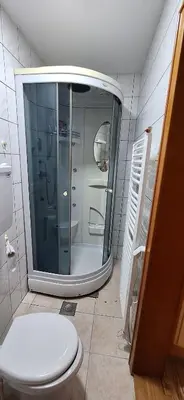 a bathroom with a shower and a toilet at Apricus Mini Apartman Vrnjacka banja in Vrnjačka Banja