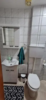 a bathroom with a white toilet and a sink at Apricus Mini Apartman Vrnjacka banja in Vrnjačka Banja