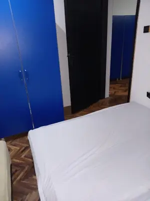 a white bed in a room with blue doors at Mića Alas vikendica in Orljane