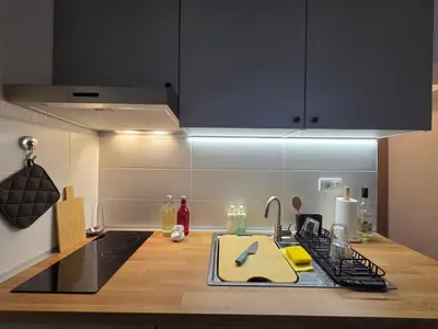 a kitchen with a sink and a counter top at Studio Sanader in Soko Banja