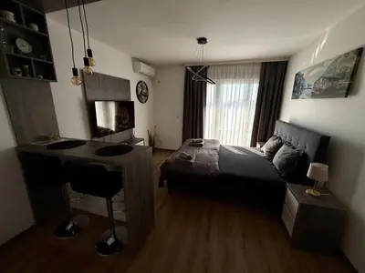 a bedroom with a bed and a desk in it at Royal Apartmani 2 in Paraćin