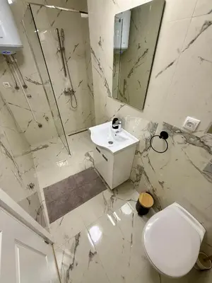 a bathroom with a toilet and a sink and a shower at Royal Apartmani 1 in Paraćin