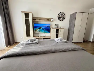 a bedroom with a large bed and a television at Royal Apartmani 1 in Paraćin
