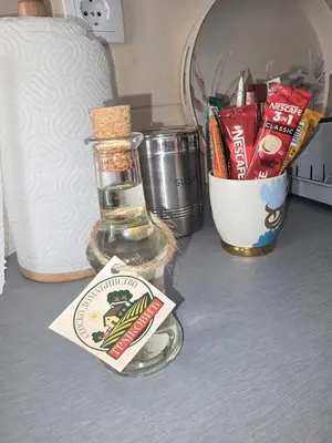 a bottle of oil and a container of food on a counter at Seosko domaćinstvo Trajković
